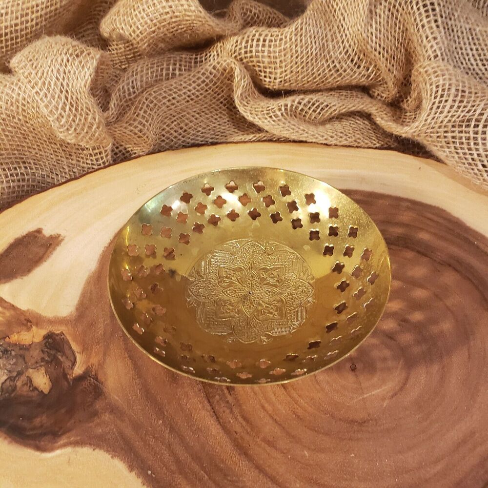 Vintage Brass Bowl Intricate Engraved Pierced - 5.75 Inch - Indian Arts Museum